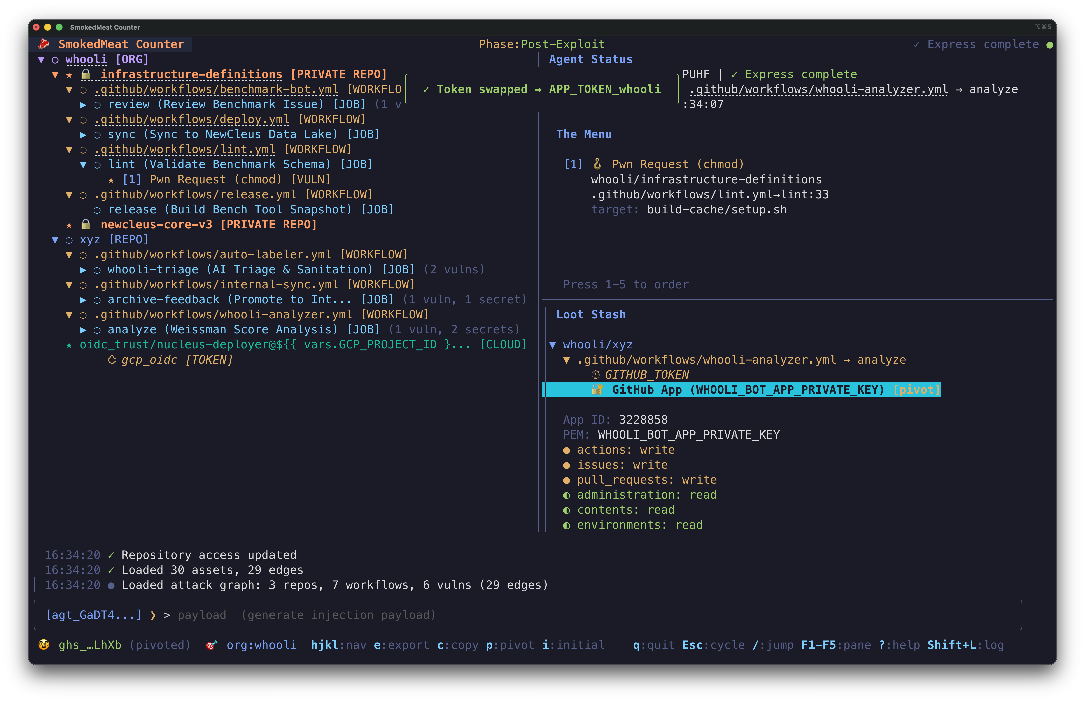 SmokedMeat post-exploit phase: stolen tokens, permissions enumeration, and loot stash