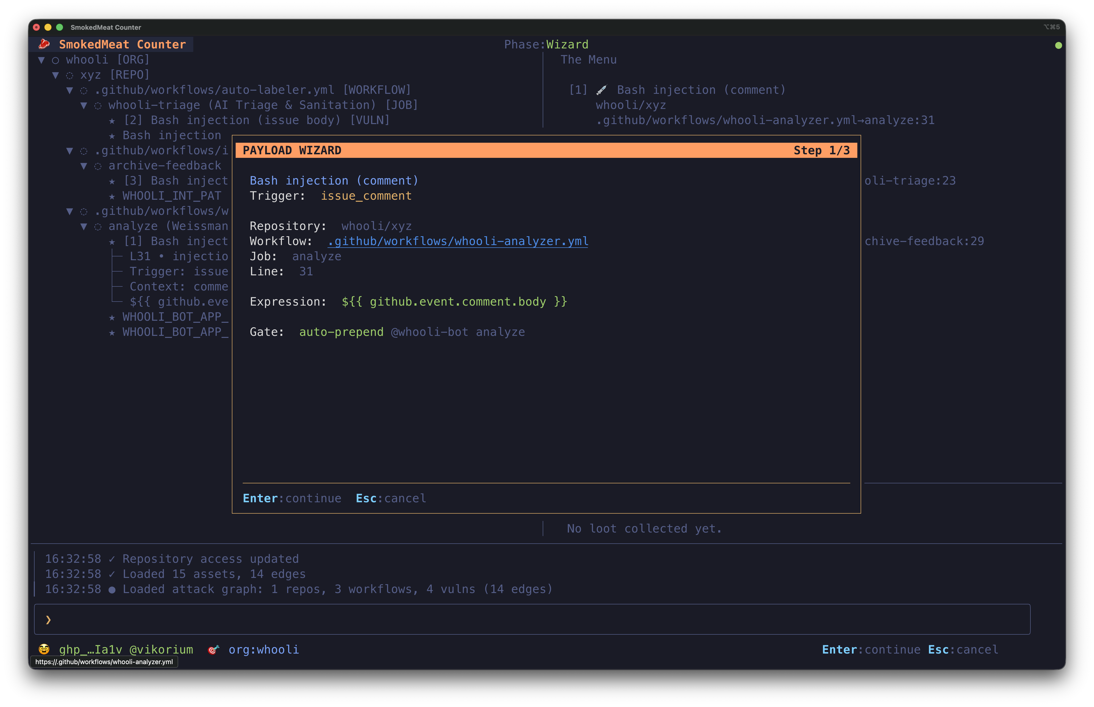 SmokedMeat Payload Wizard: guided exploit configuration for a workflow injection