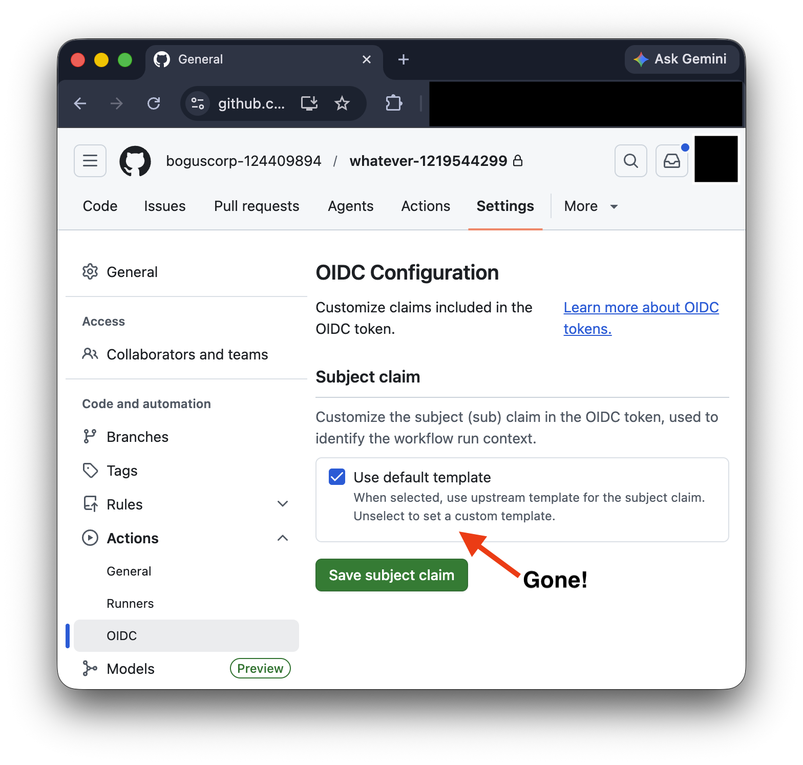 Same repo's OIDC settings, about an hour after the HackerOne submission. The 'Use immutable subject claim' toggle is gone; only the default template option remains.