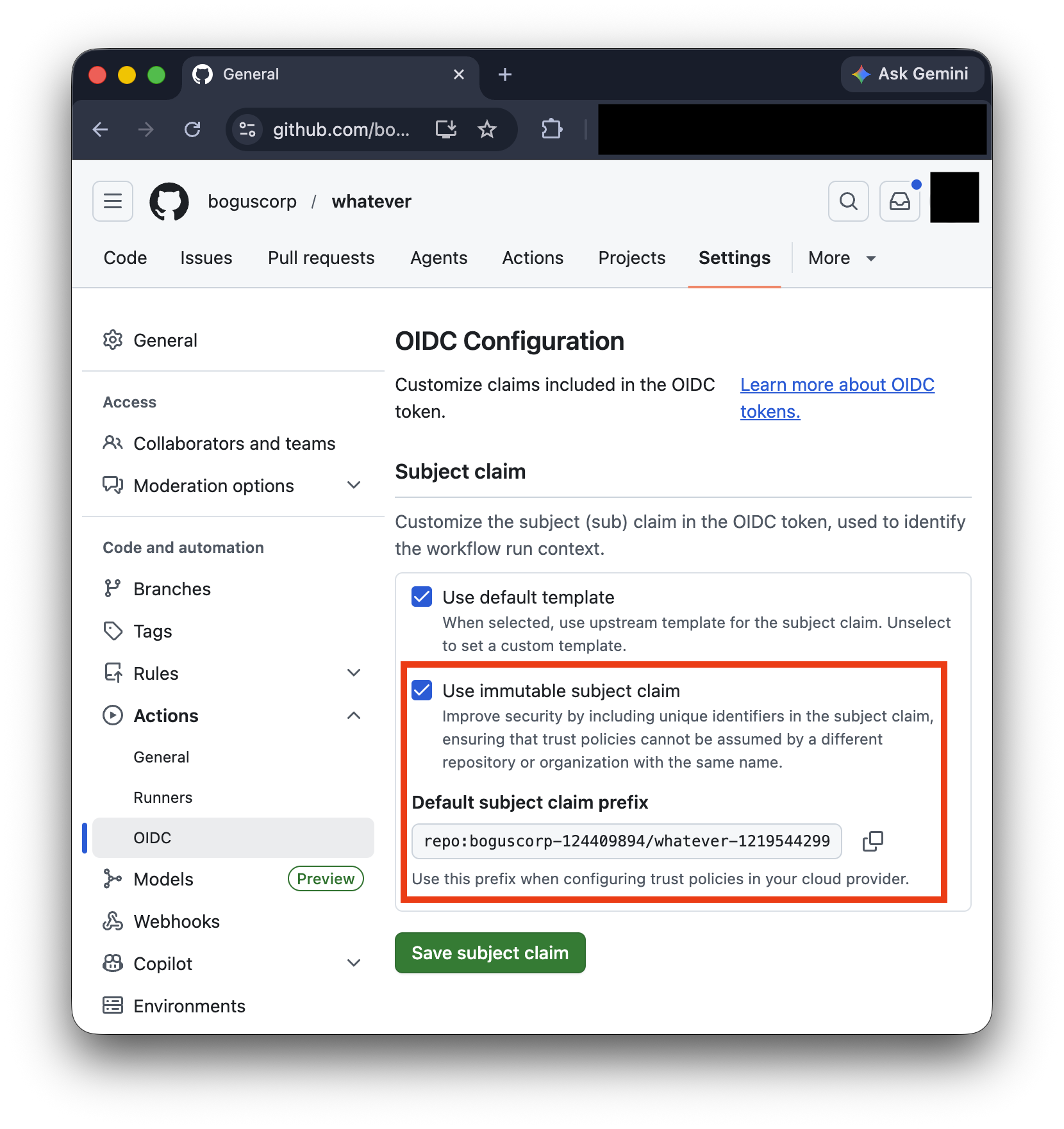 GitHub UI showing the 'Use immutable subject claim' toggle enabled on a victim repo, displaying the default subject claim prefix repo:boguscorp-124409894/whatever-1219544299.
