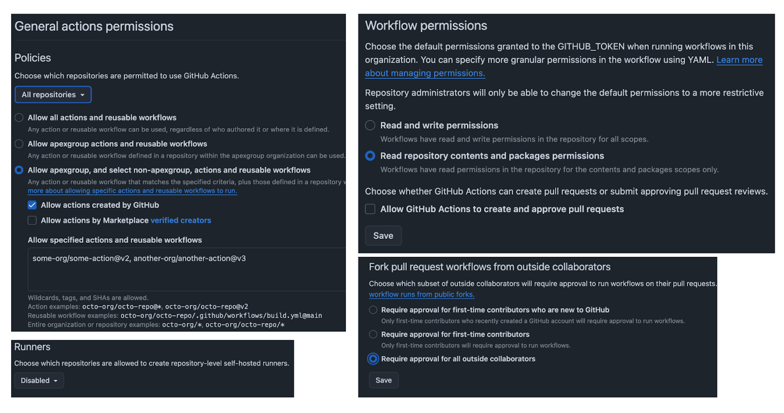 GitHub Actions organization settings showing disabled runners and restricted workflow permissions for security.