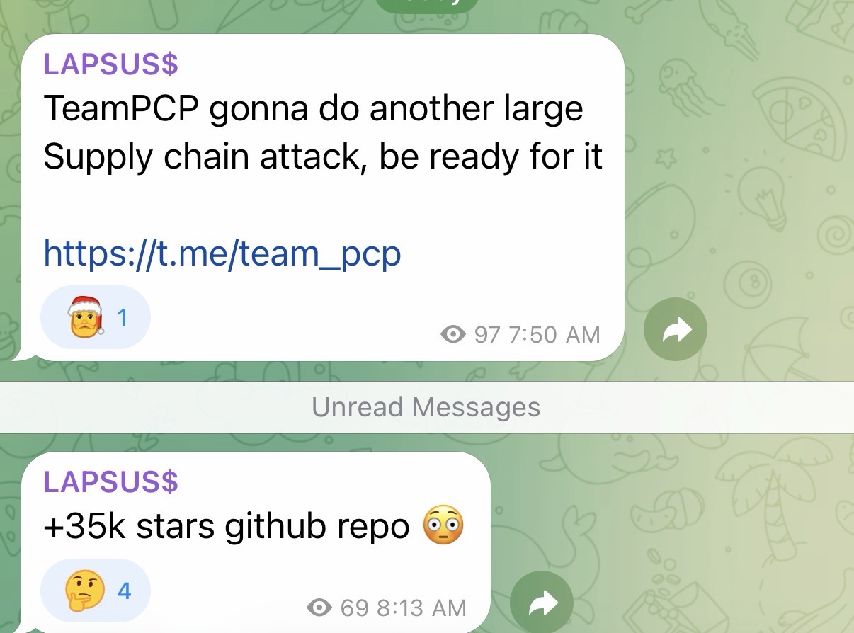 TeamPCP Telegram channel warning screenshot