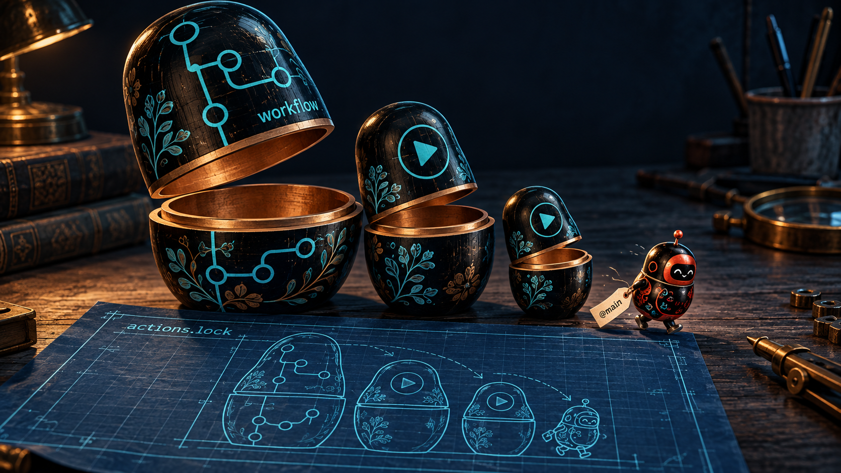 Nested dolls decorated with workflow and action symbols above an actions.lock blueprint, beside a small robot tagged @main.