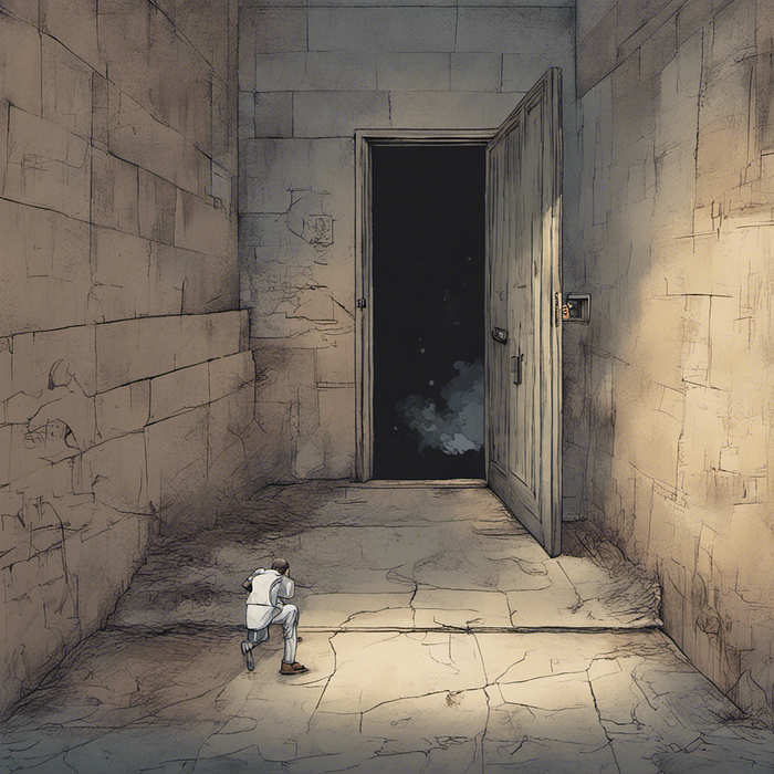 Person crouching in fear in a dimly lit hallway, facing a dark doorway.