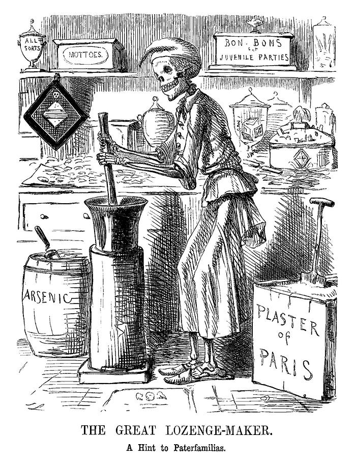 Skeleton confectioner mixes ingredients in mortar, surrounded by "Arsenic" and "Plaster of Paris."